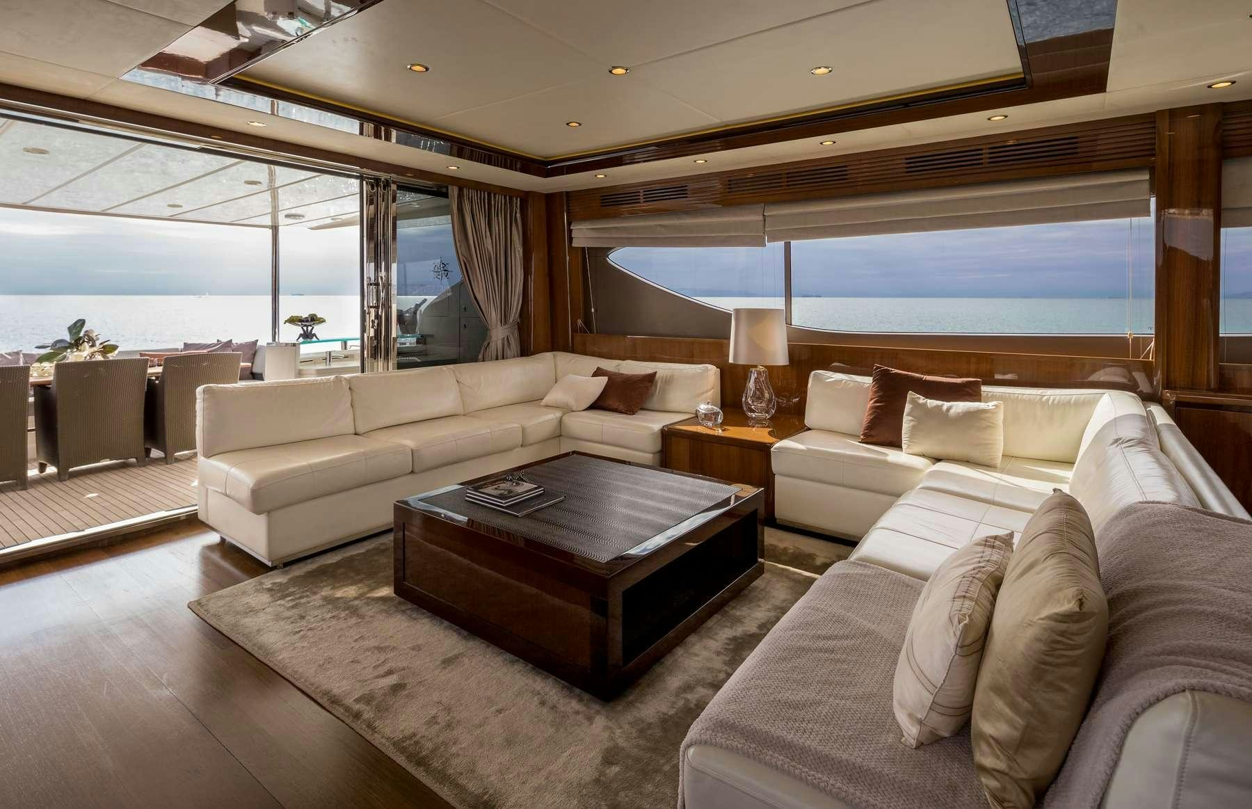 a living room with a large window aboard 4LIFE Yacht for Charter