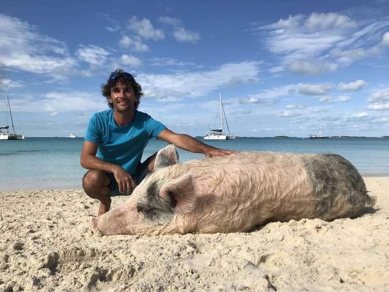 a man sitting on a seal on a beach aboard Madrigal V Yacht for Charter