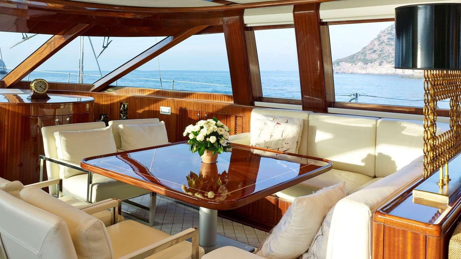 a room with a table and chairs aboard G GIRL Yacht for Charter