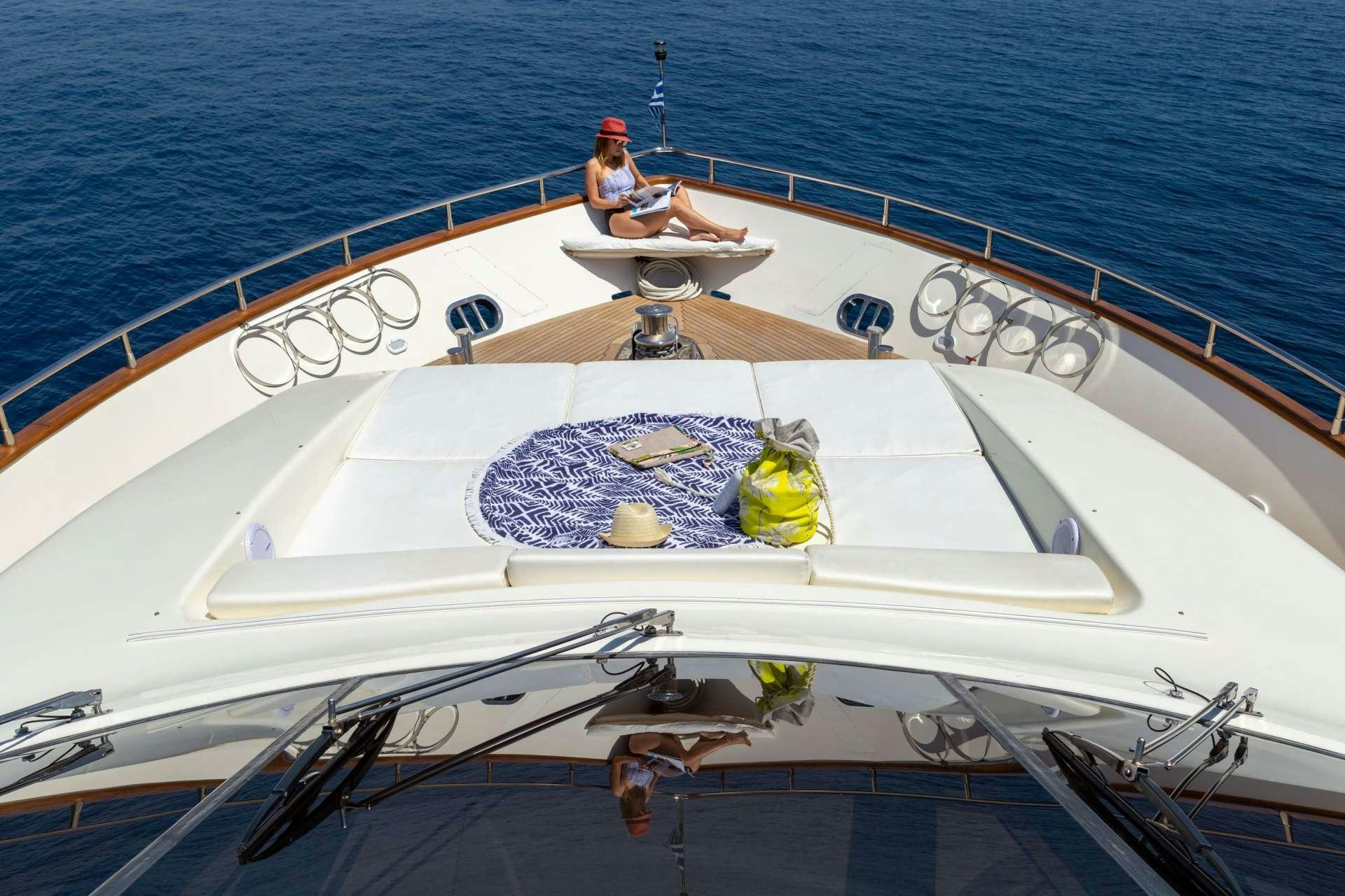 a person sitting on a boat aboard VYNO Yacht for Charter