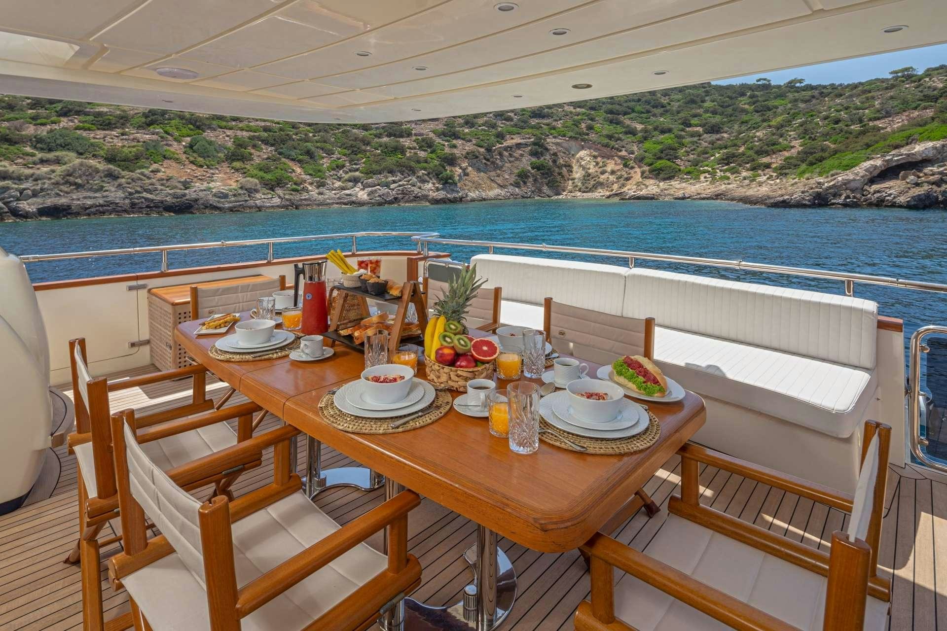 a table with plates and cups on it aboard VYNO Yacht for Charter