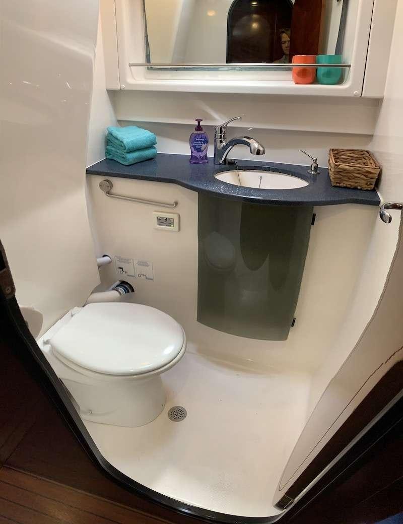 a bathroom with a sink and a toilet aboard VIVO Yacht for Charter