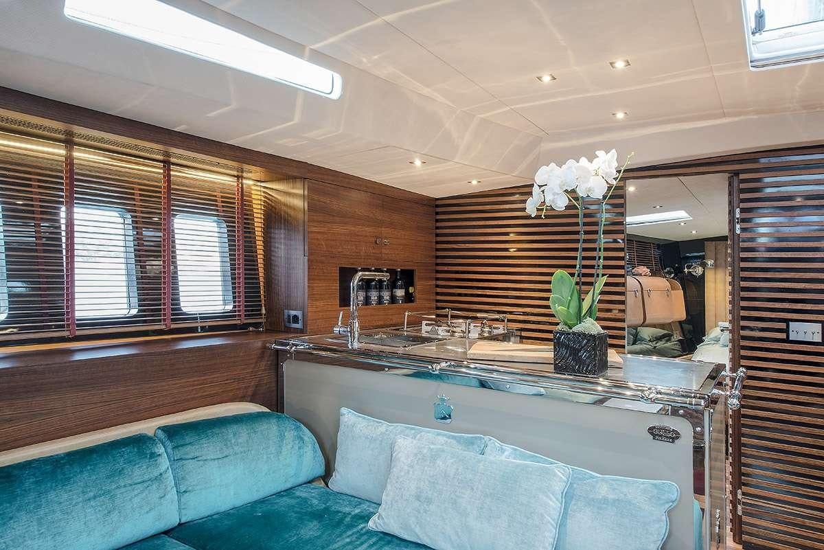 a large kitchen with a large glass window aboard TUSCAN SPIRIT Yacht for Charter