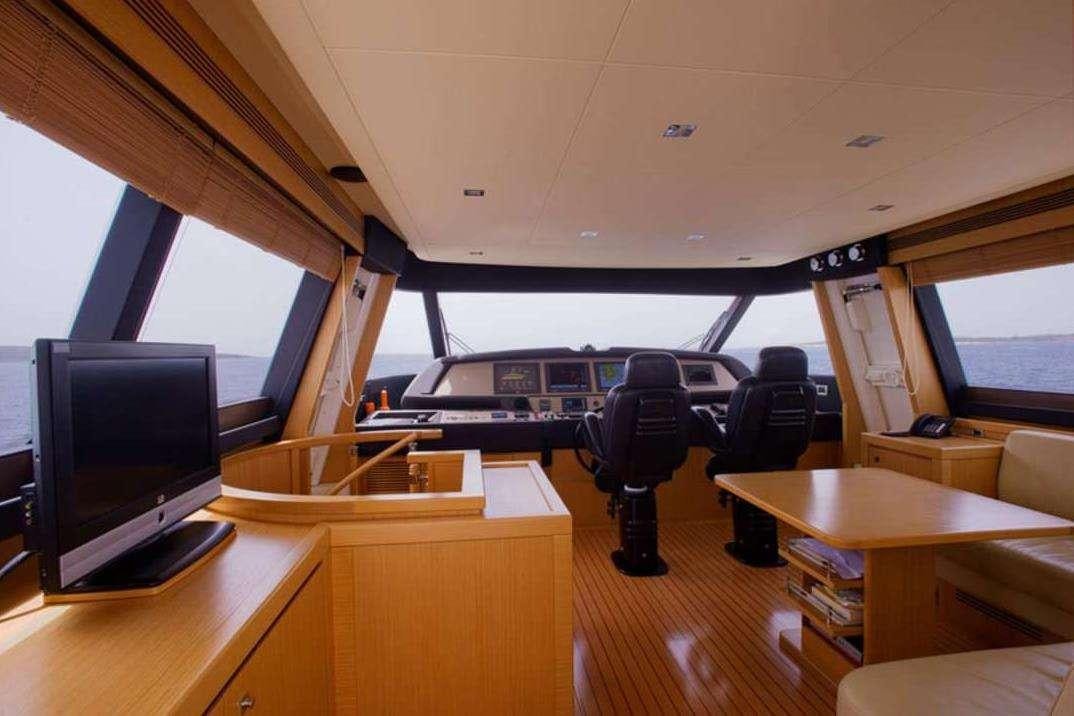 a room with a desk and a tv aboard DANA Yacht for Charter
