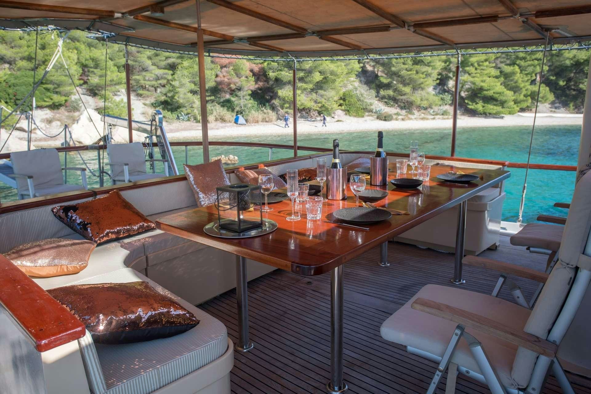 a table with wine glasses on it aboard Summer Princess Yacht for Charter