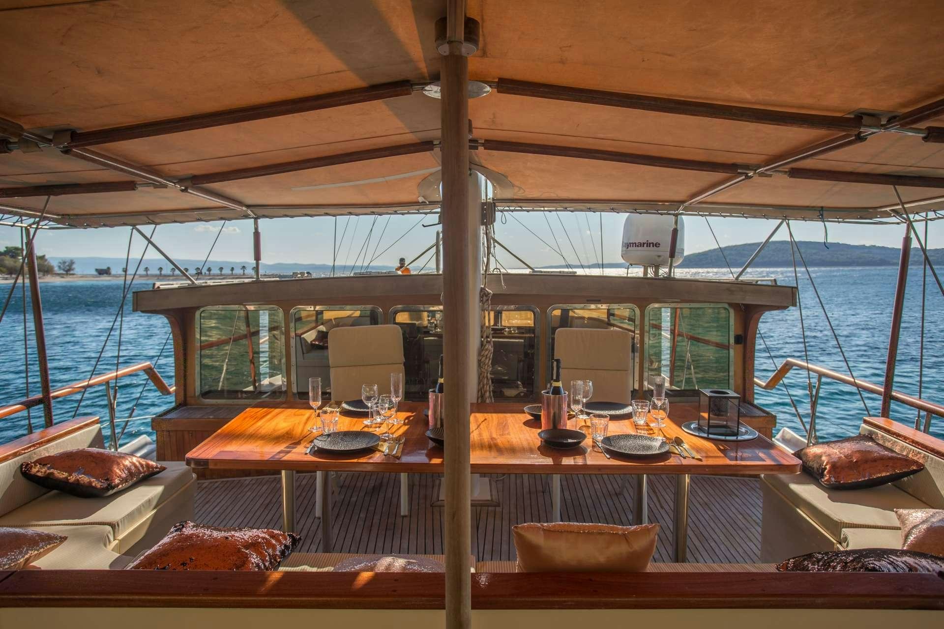 a table with plates and food on it aboard Summer Princess Yacht for Charter