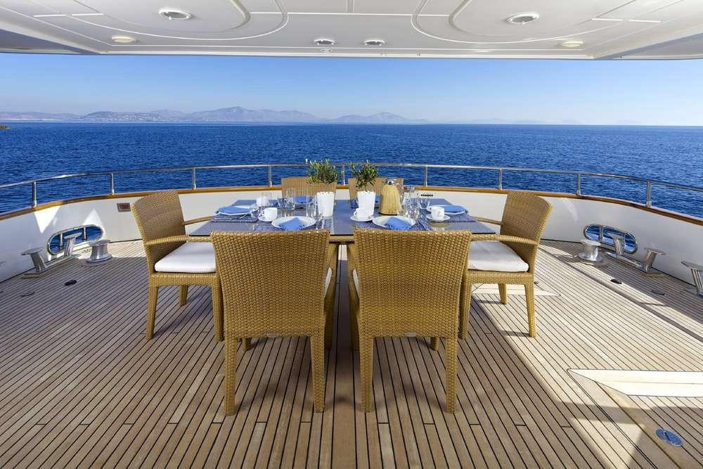 a table set for a meal on a deck overlooking the ocean aboard LET IT BE Yacht for Charter