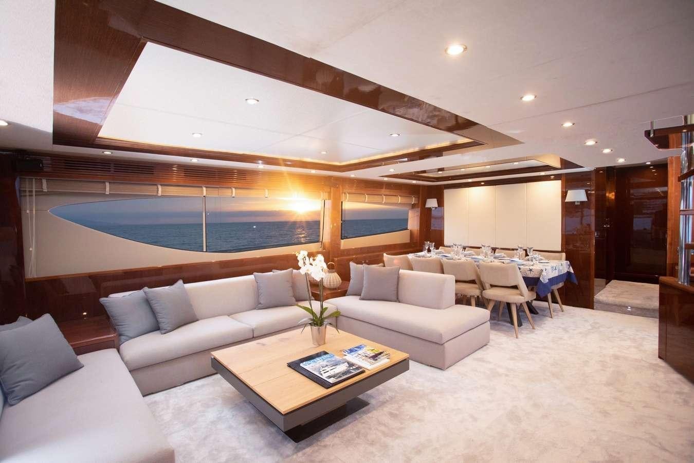 a living room with a large blue screen aboard GIA SENA Yacht for Charter