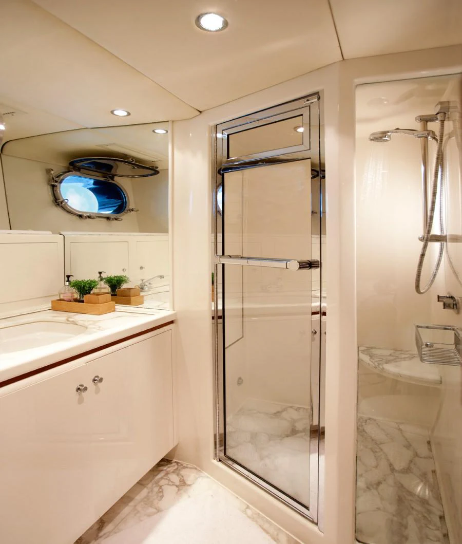 a shower unit in a bathroom aboard SEAQUELL Yacht for Charter