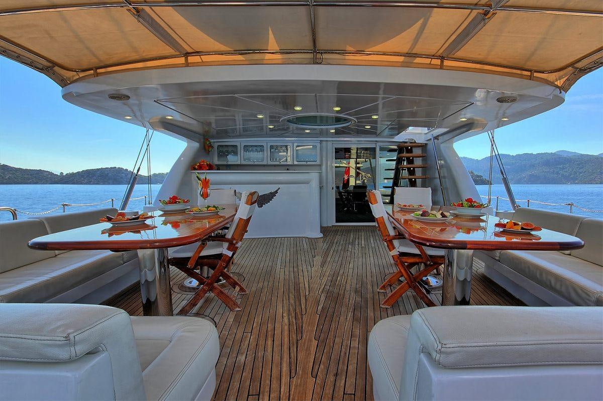 a boat with tables and chairs aboard ANGELO II Yacht for Charter