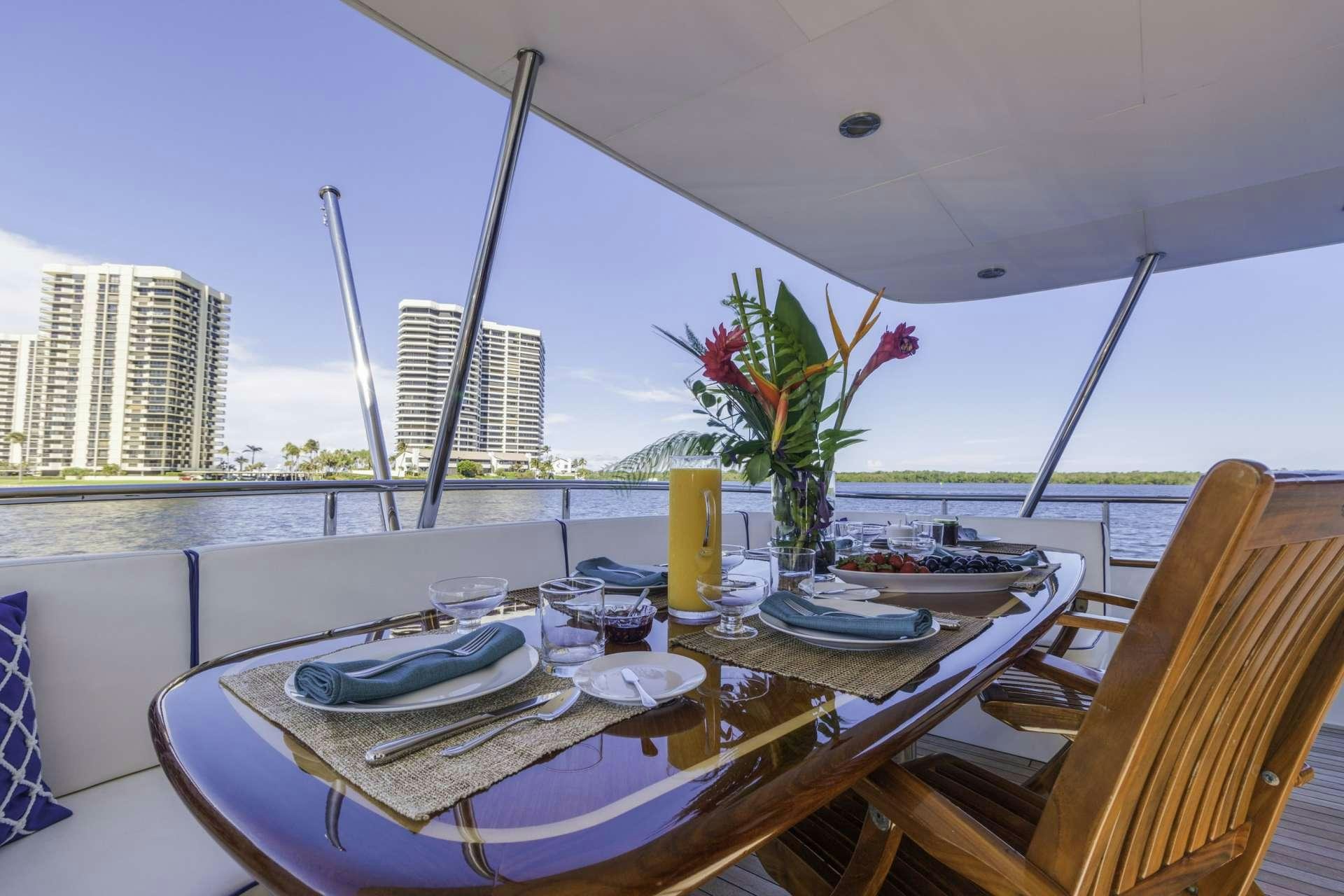 a table with plates and glasses on it aboard WINDWARD Yacht for Charter