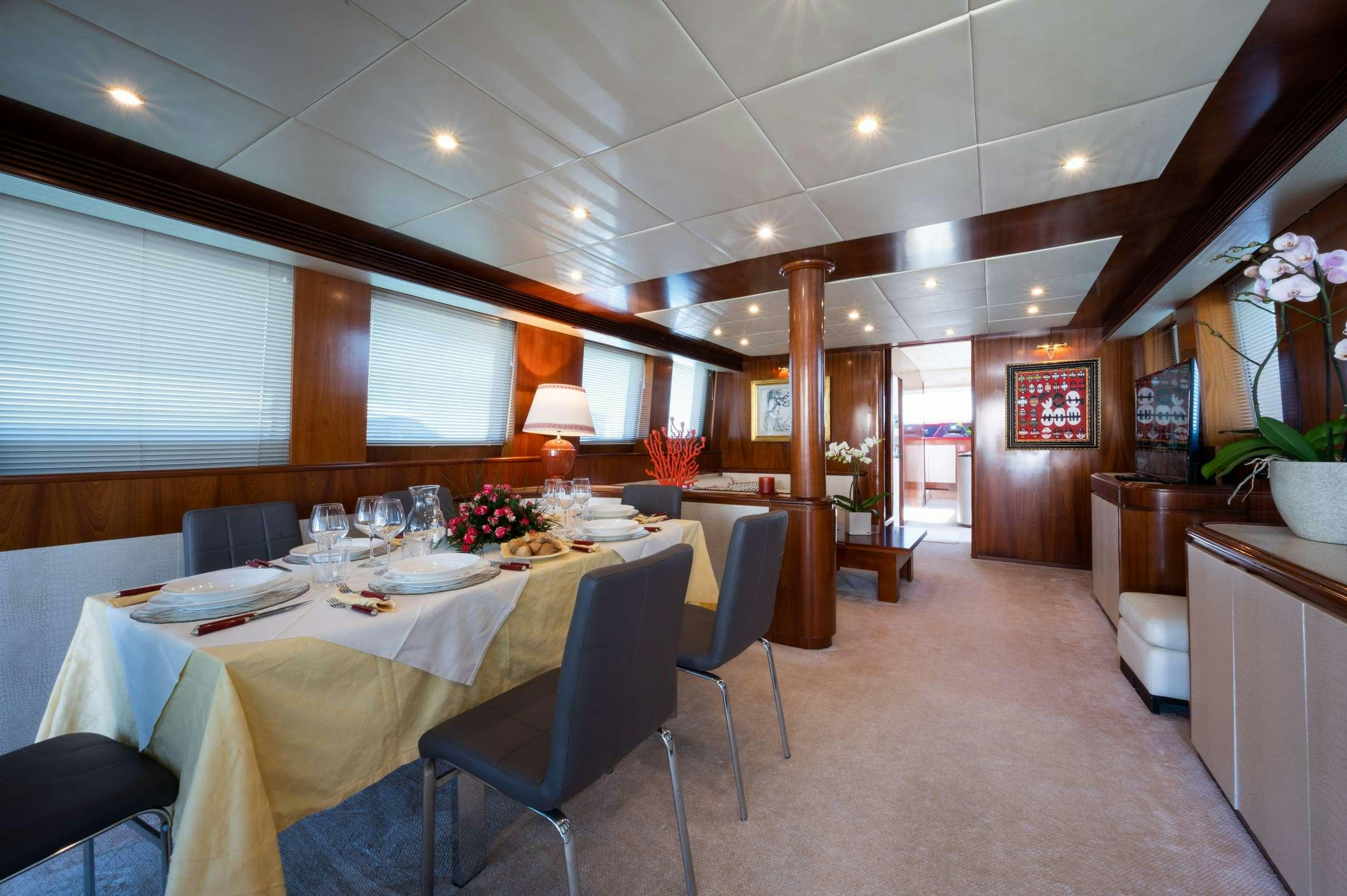 a large room with tables and chairs aboard FIRST LADY II Yacht for Charter