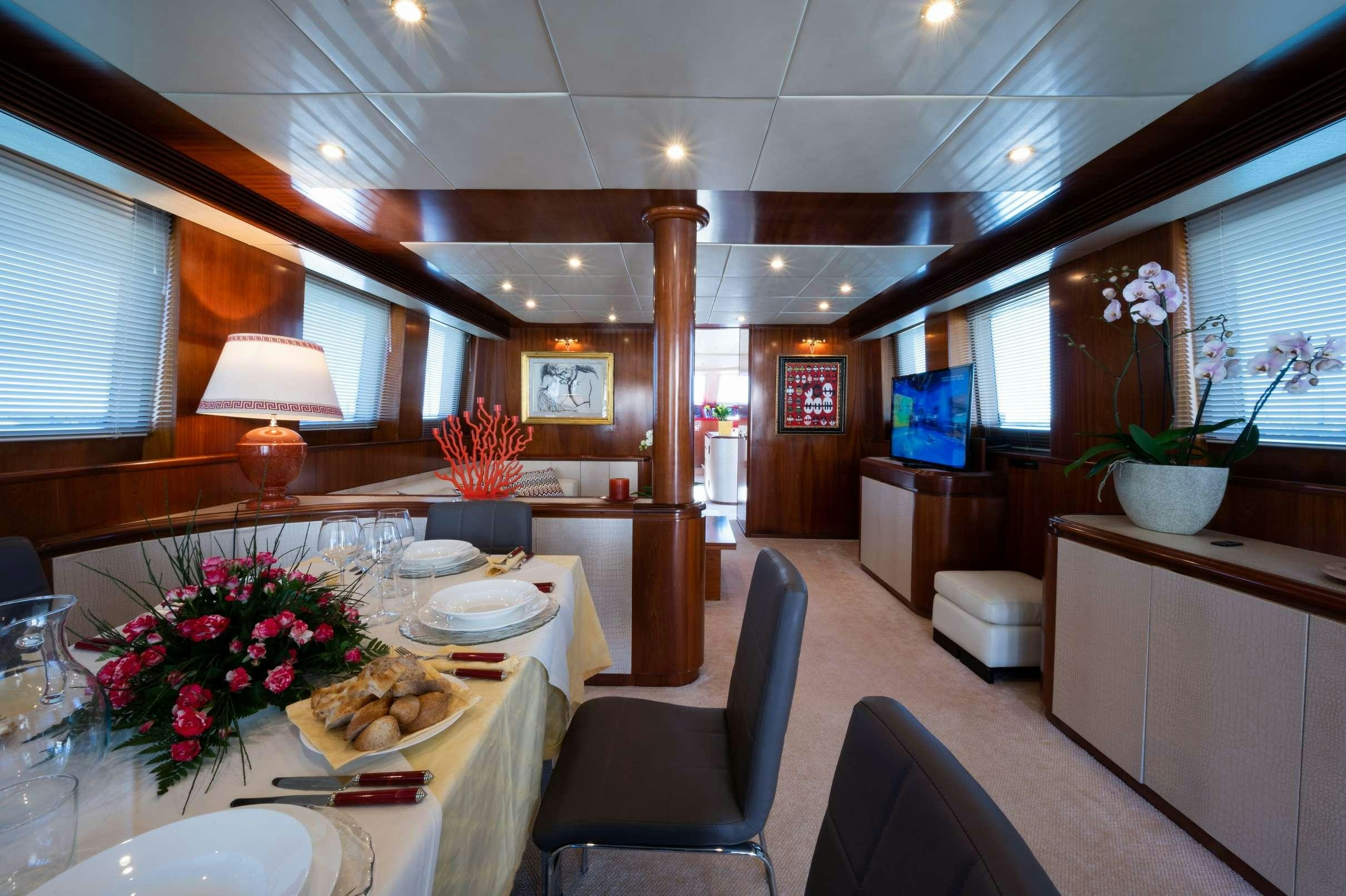 a large kitchen with a dining table aboard FIRST LADY II Yacht for Charter