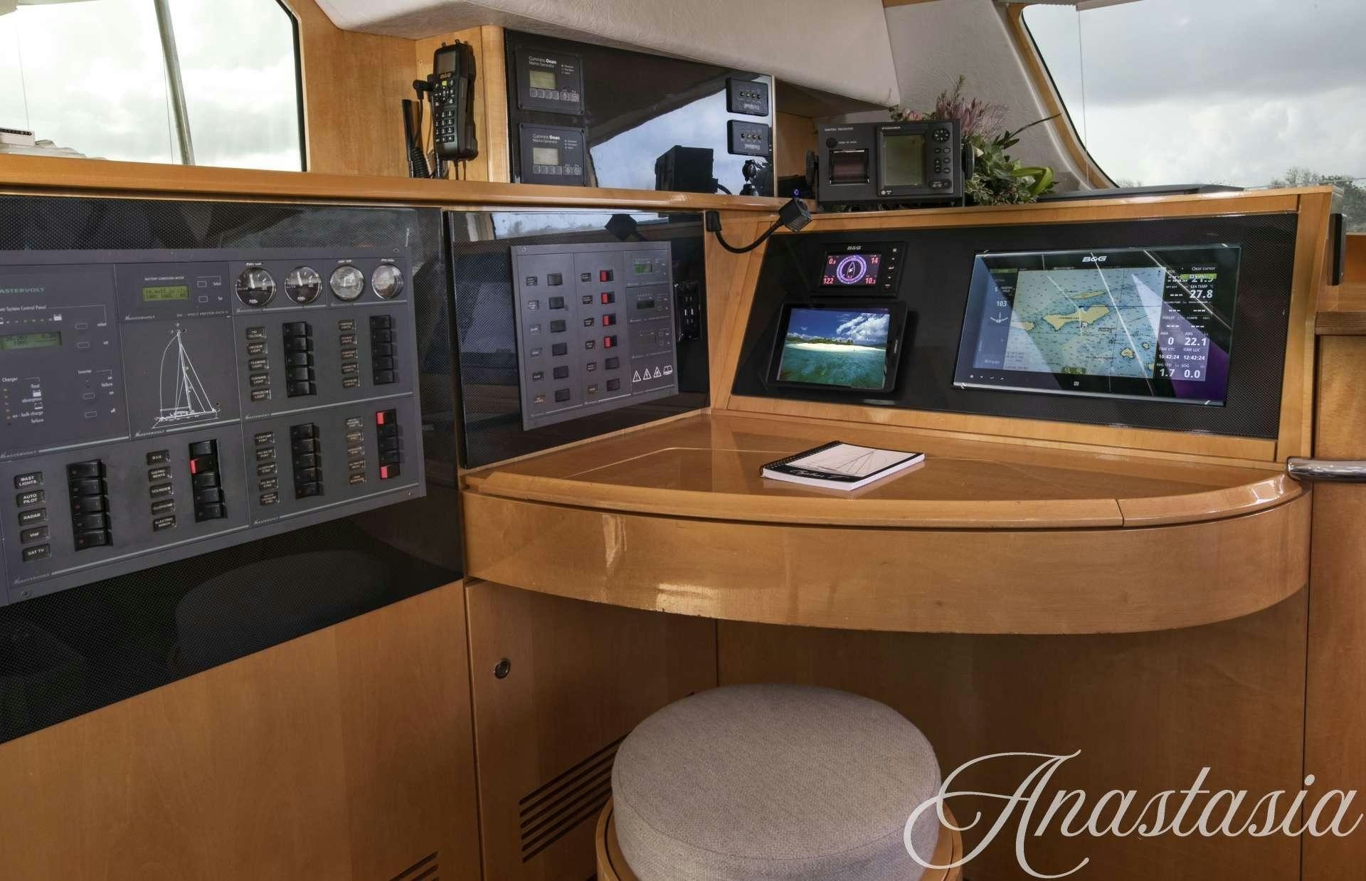 a desk with computers and monitors aboard ANASTASIA Yacht for Charter