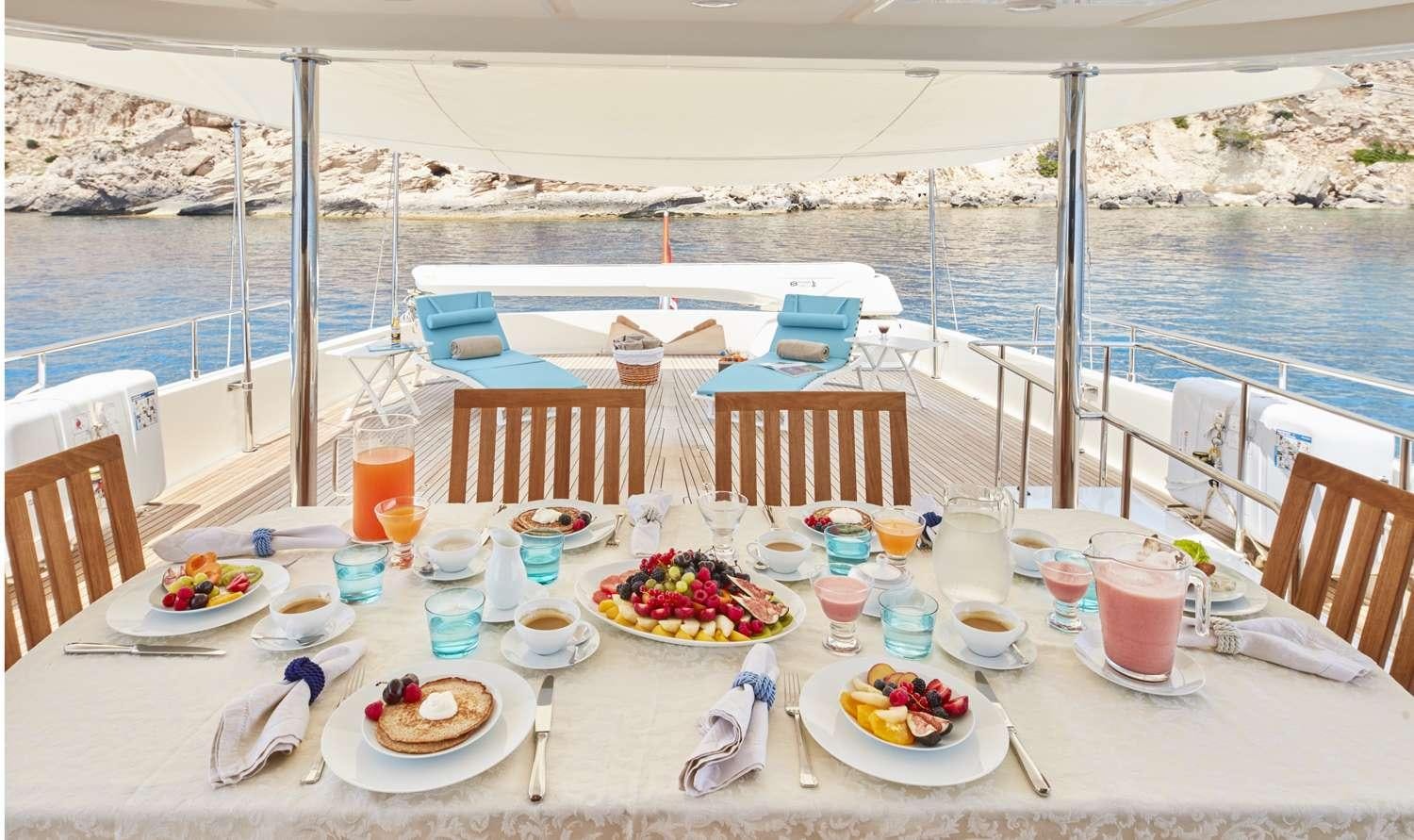 a table with food on it aboard BEST OFF Yacht for Charter