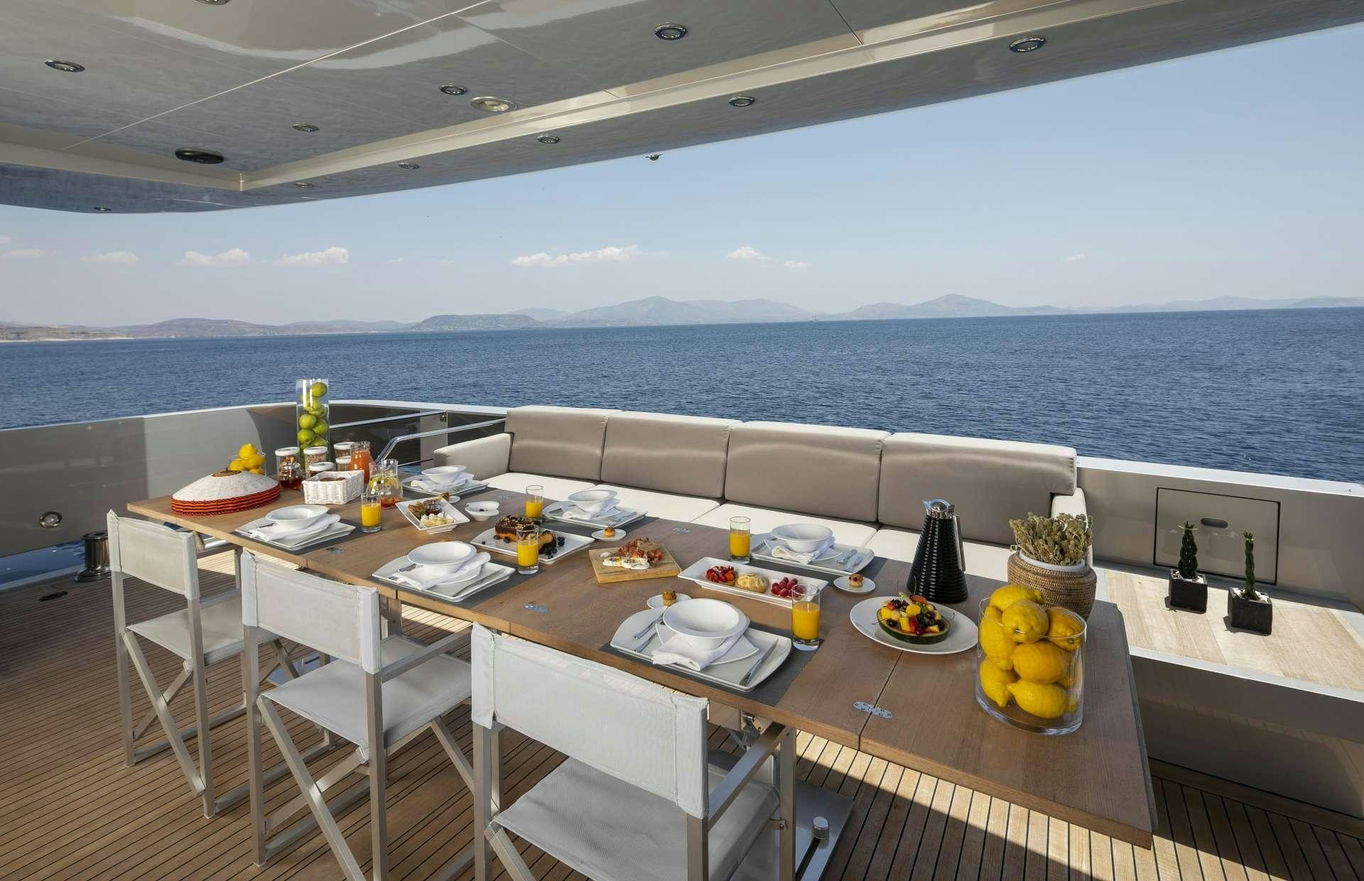 a table with food on it aboard BILLA Yacht for Charter