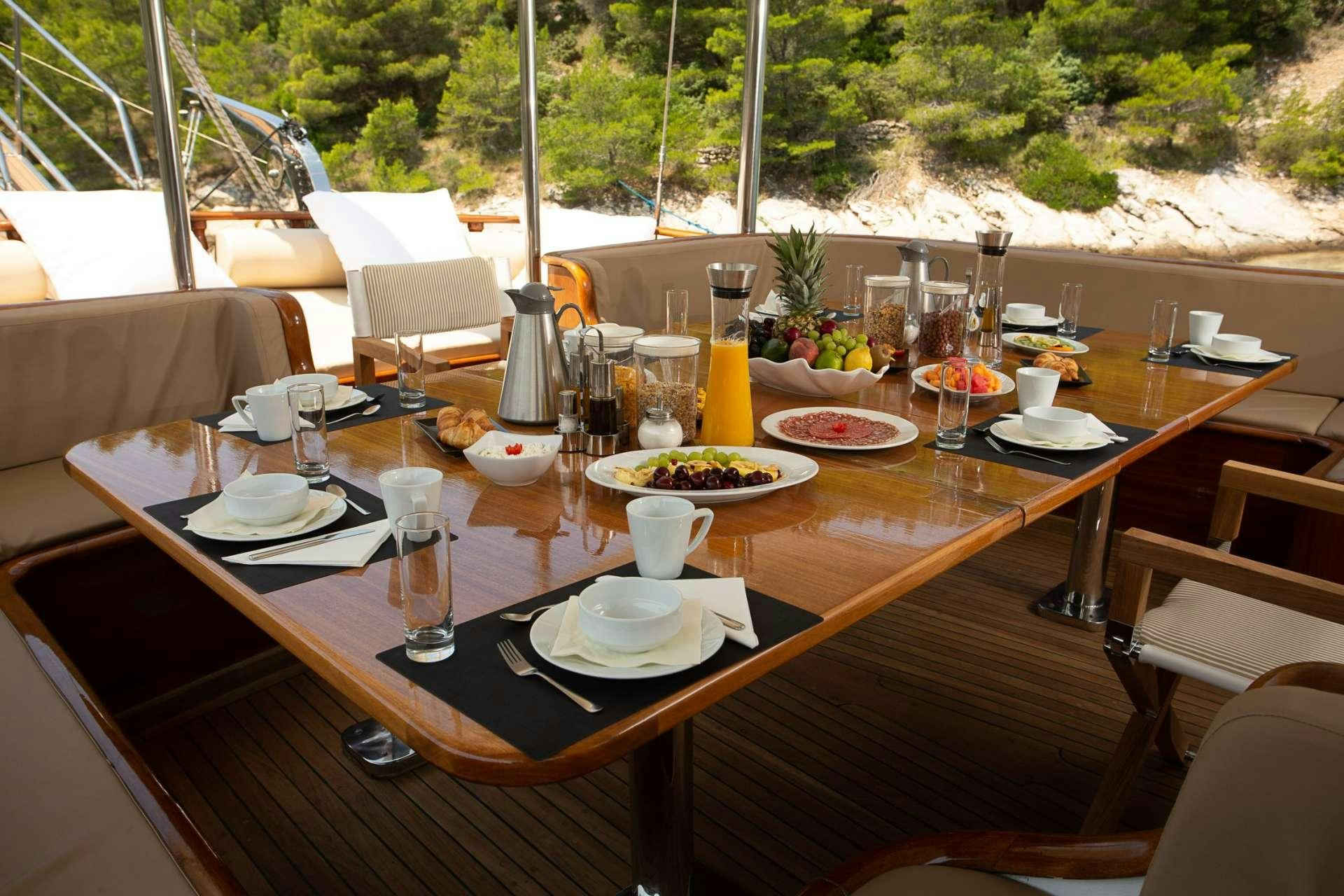 a table with plates and glasses on it aboard DOLCE VITA Yacht for Charter
