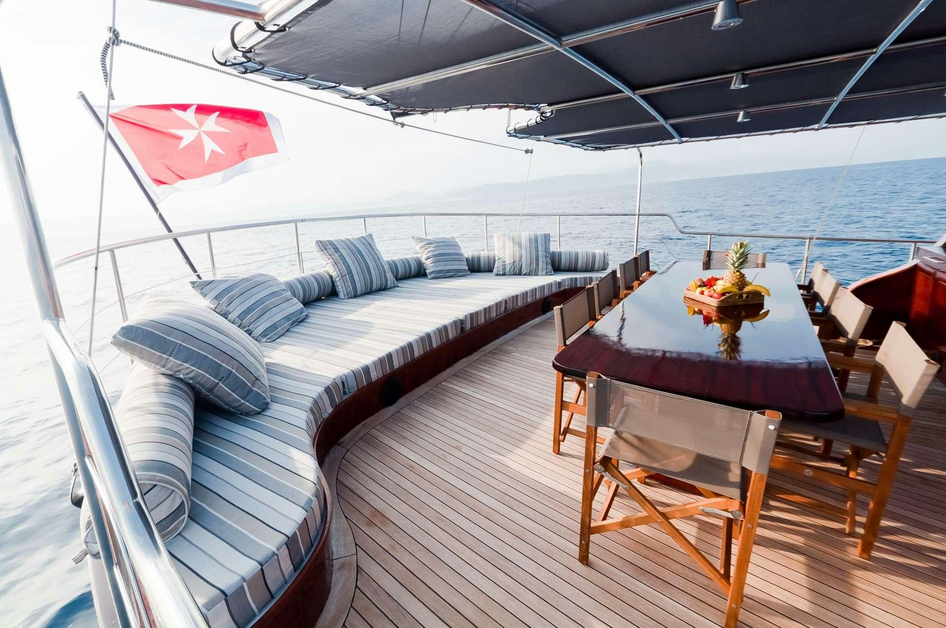 a deck with a table and chairs on it aboard VITA DOLCE Yacht for Charter