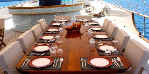 a table with plates and glasses on it aboard ELARA 1 Yacht for Charter