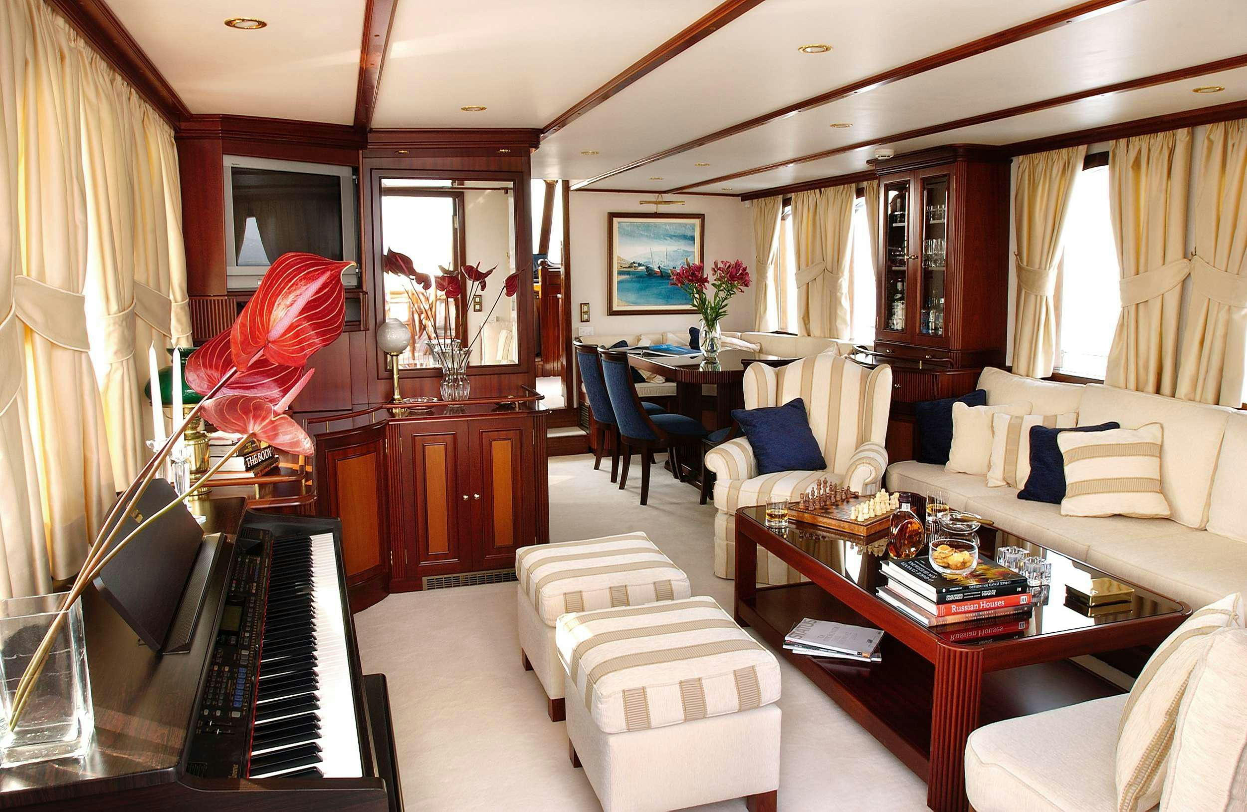 a living room with a piano aboard LIANA H Yacht for Charter