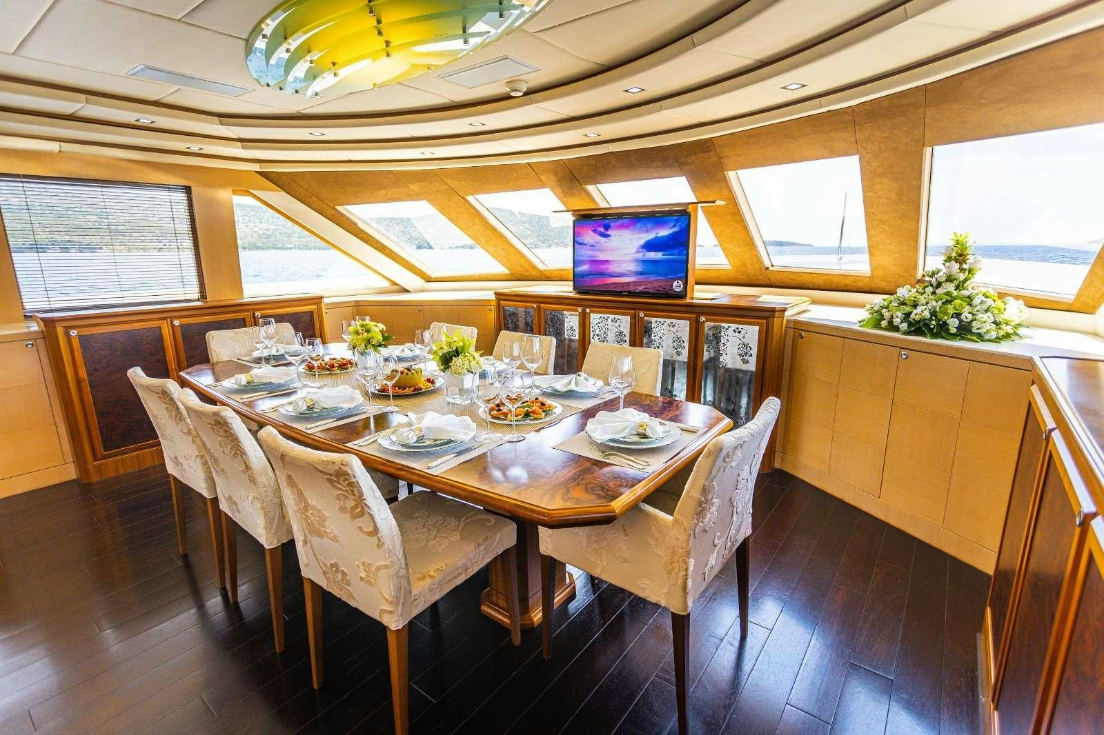 a dining table set for a meal aboard MILAYA Yacht for Charter