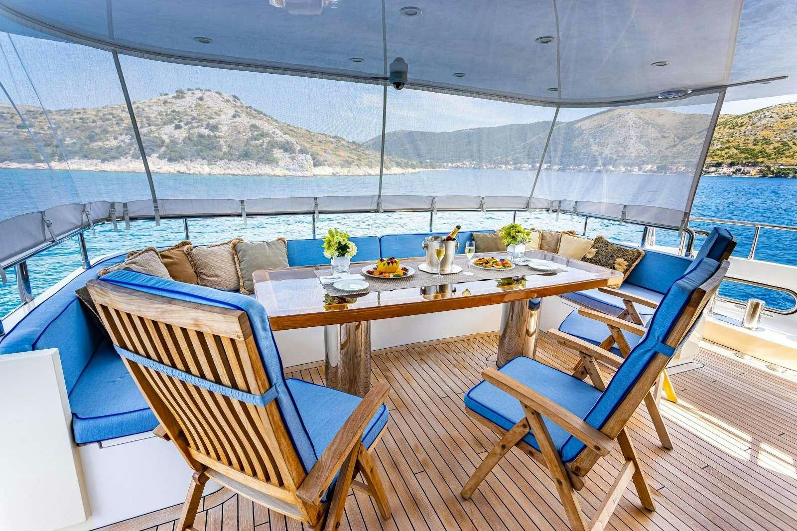 a table set for a meal on a boat aboard MILAYA Yacht for Charter