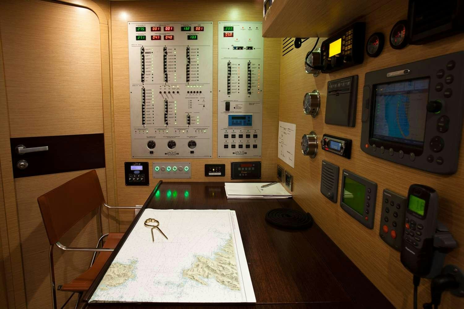 a computer desk with a monitor and other electronic devices on it aboard WIZARD Yacht for Charter