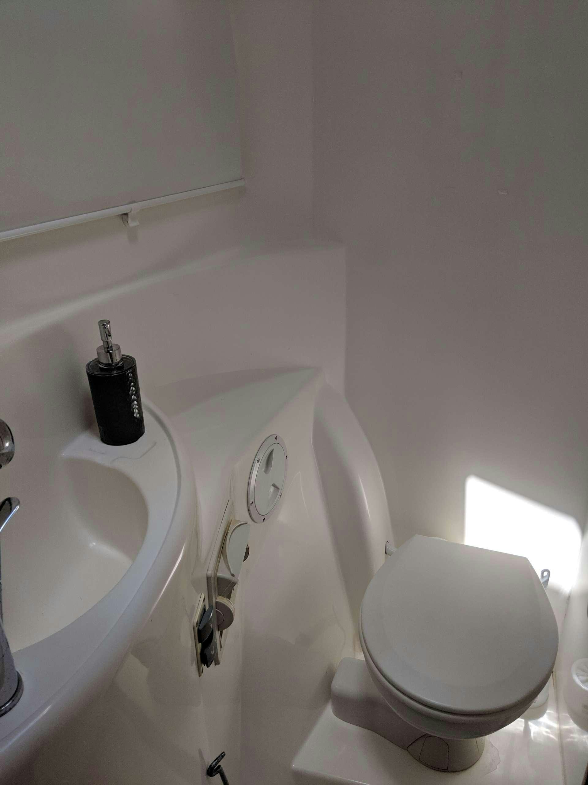 a toilet and sink in a bathroom aboard Flojo Yacht for Charter