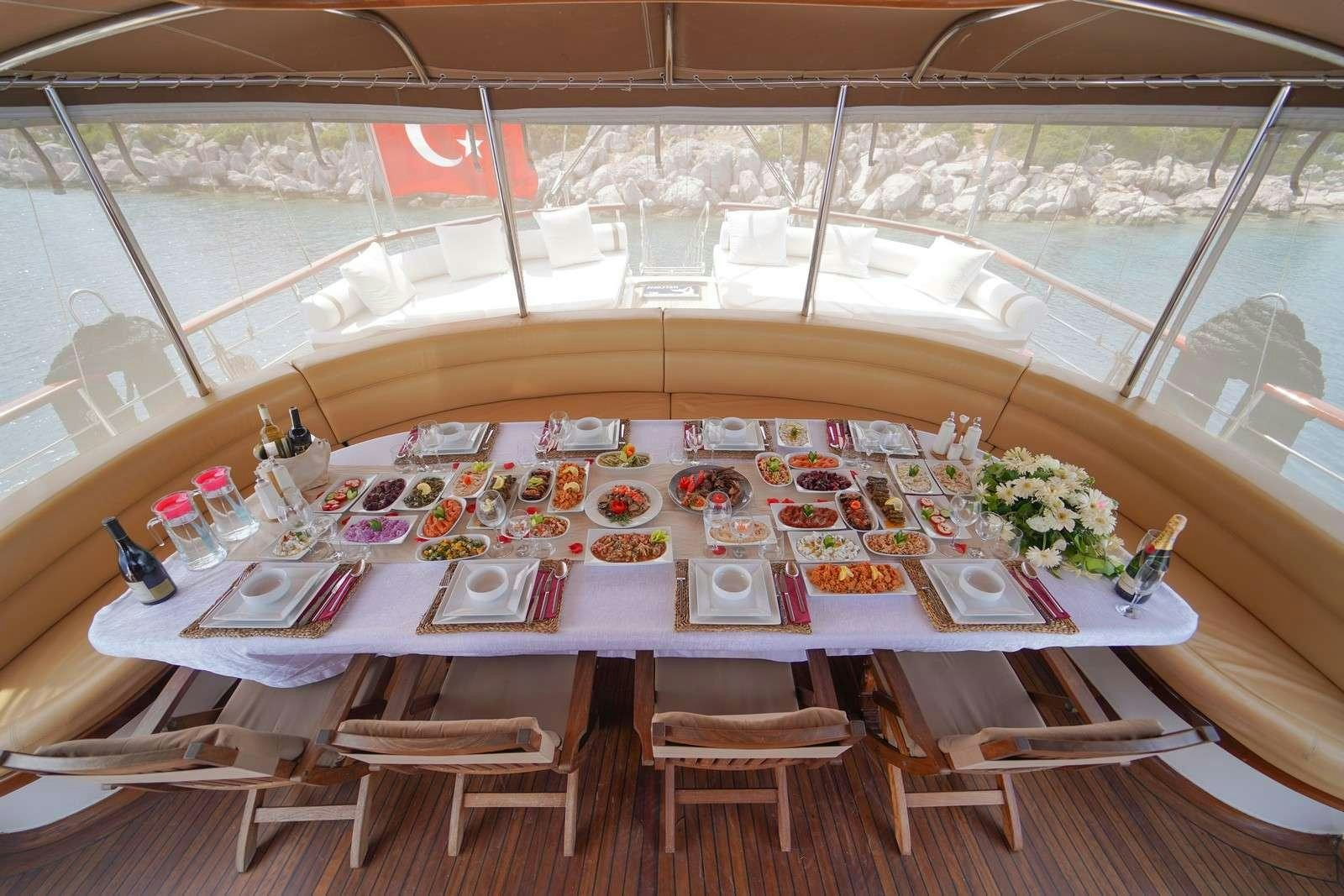 a table set for a dinner party aboard PRENSES BUGCE Yacht for Charter