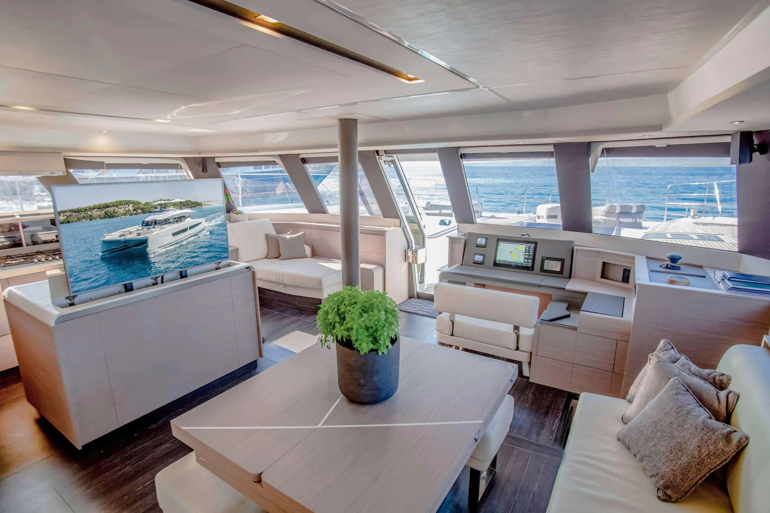 a modern looking living room aboard CHRISTAL MIO Yacht for Charter