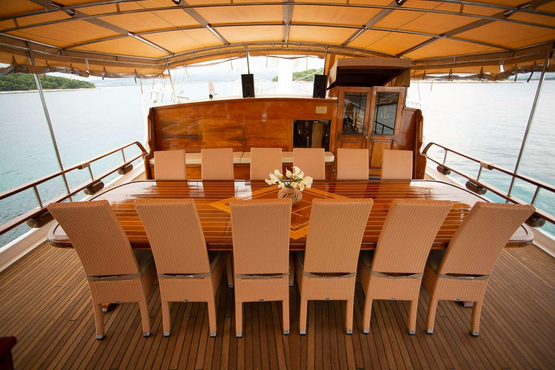 a group of white chairs on a boat aboard KADENA Yacht for Charter