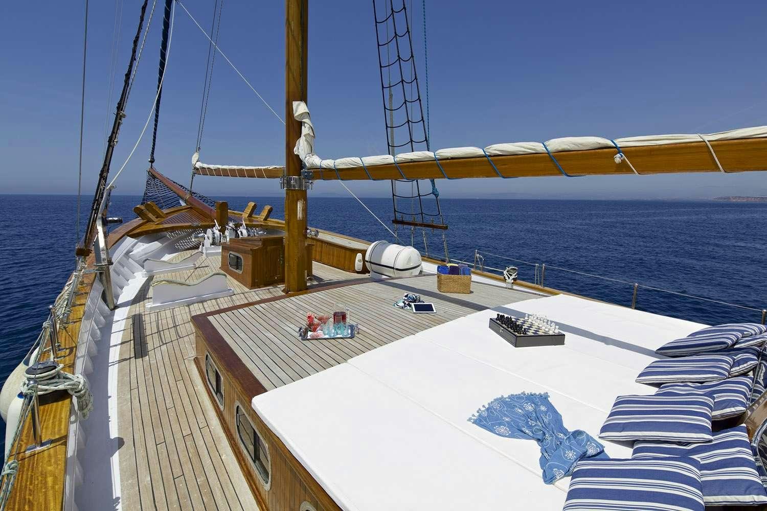 a deck with a deck and a large ship on it aboard HERMINA Yacht for Charter