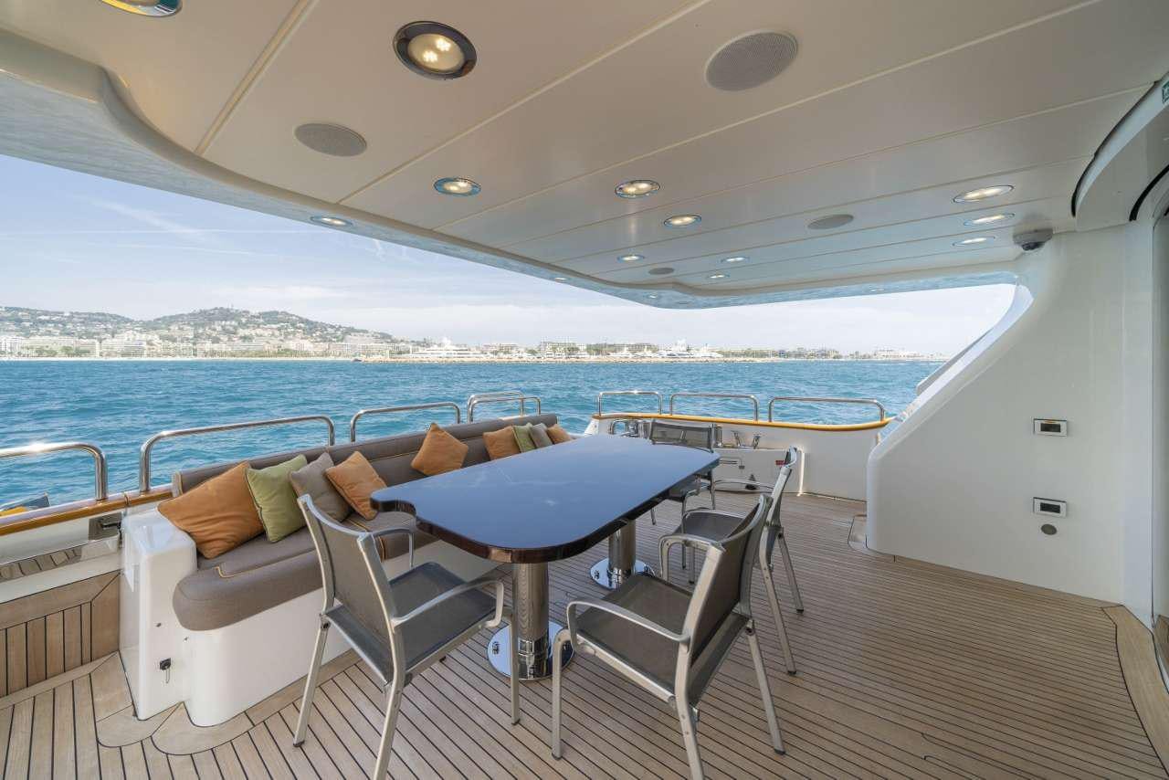 a table and chairs on a boat aboard QUID PRO QUO Yacht for Charter