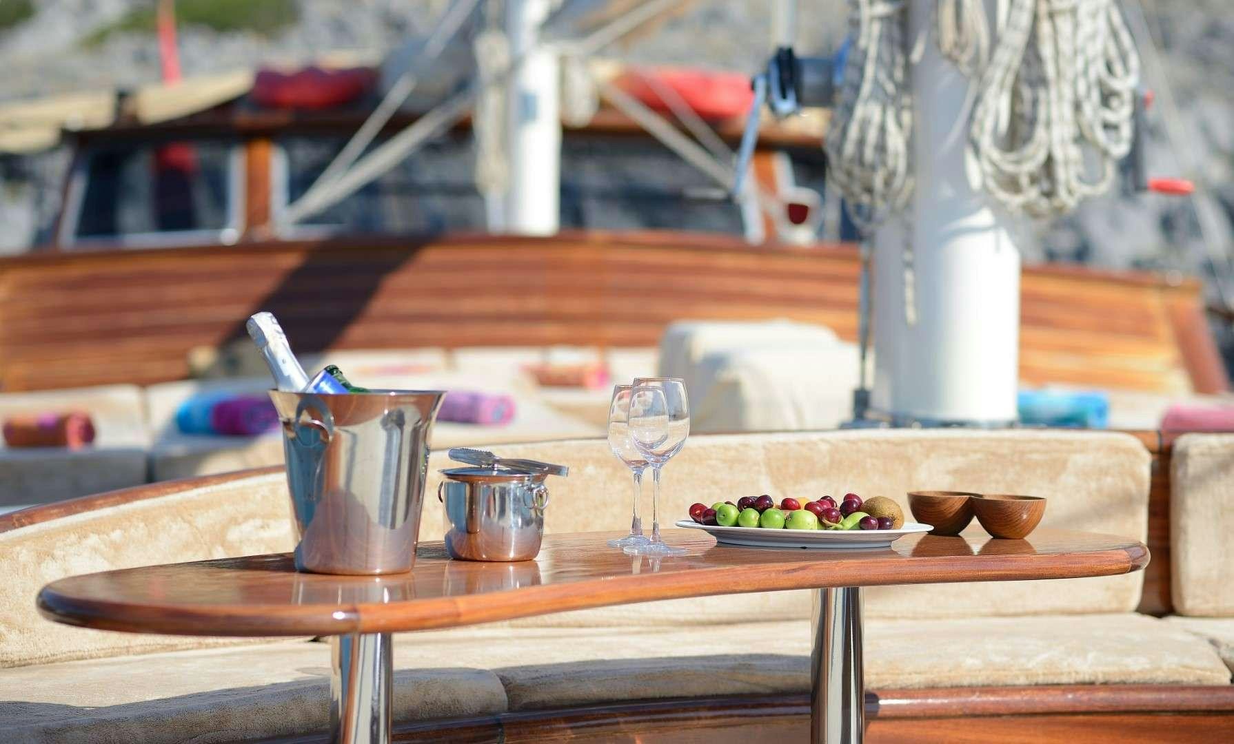 a table with food and glasses on it aboard ZEPHYRIA II Yacht for Charter