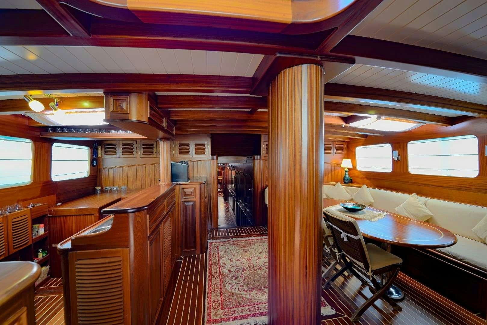 a room with tables and chairs aboard ZEPHYRIA II Yacht for Charter