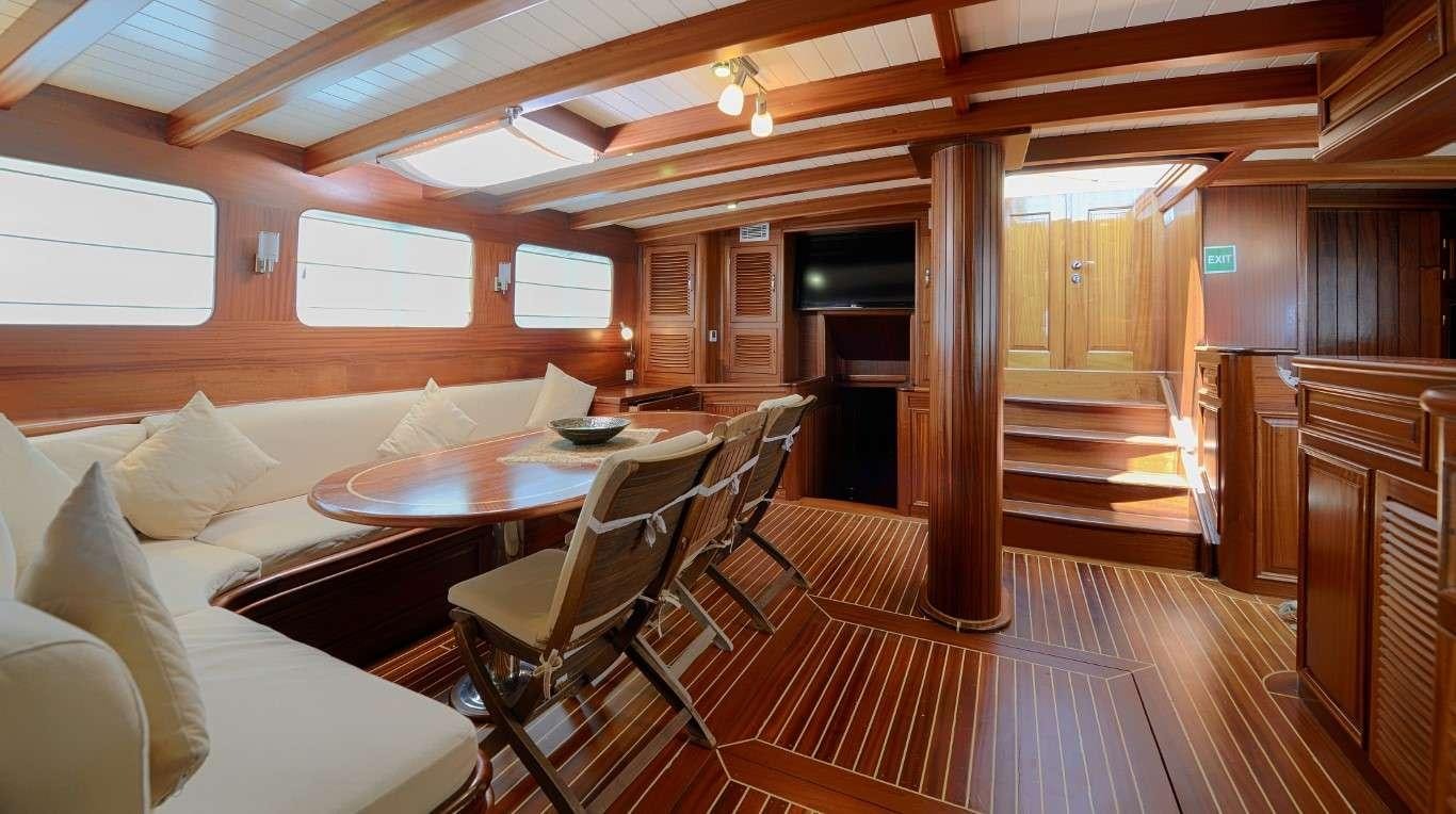 a room with a table and chairs aboard ZEPHYRIA II Yacht for Charter