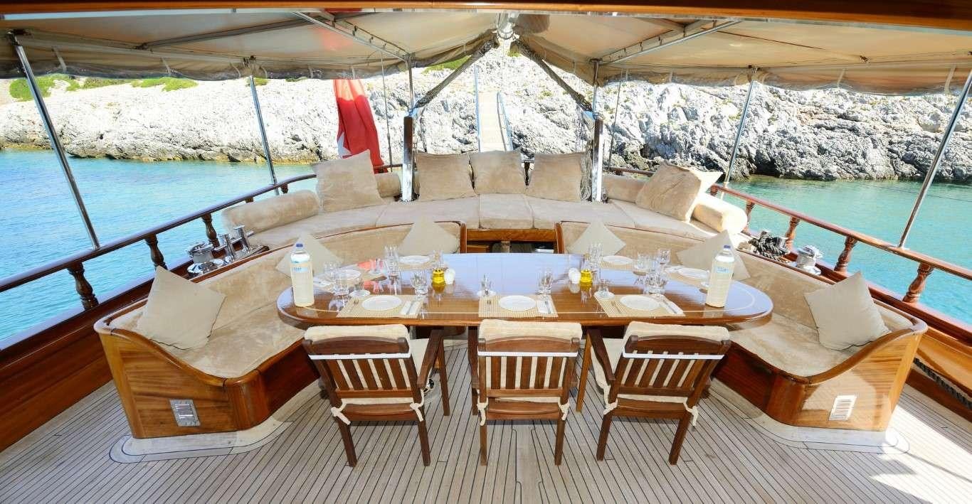 a table set for a meal on a boat aboard ZEPHYRIA II Yacht for Charter