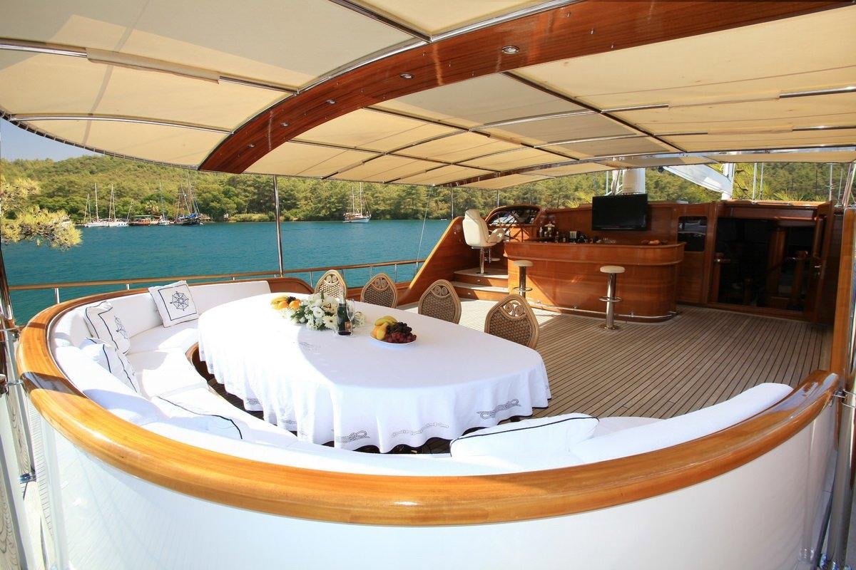a table with a set of bottles on it aboard KAYA GUNERI V Yacht for Charter