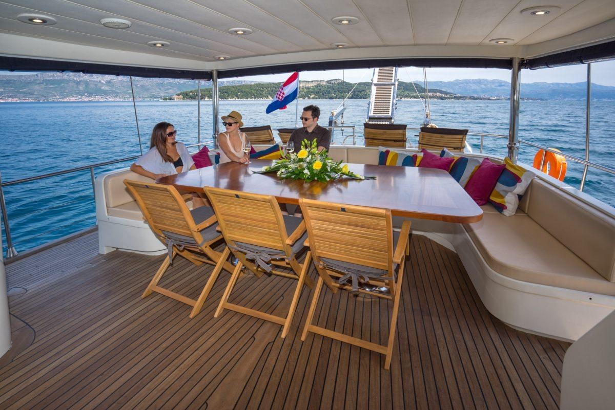 a group of people sitting around a table on a boat aboard ALBA Yacht for Charter
