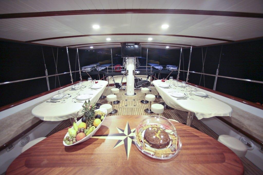a room with tables and chairs aboard OGUZBEY Yacht for Charter