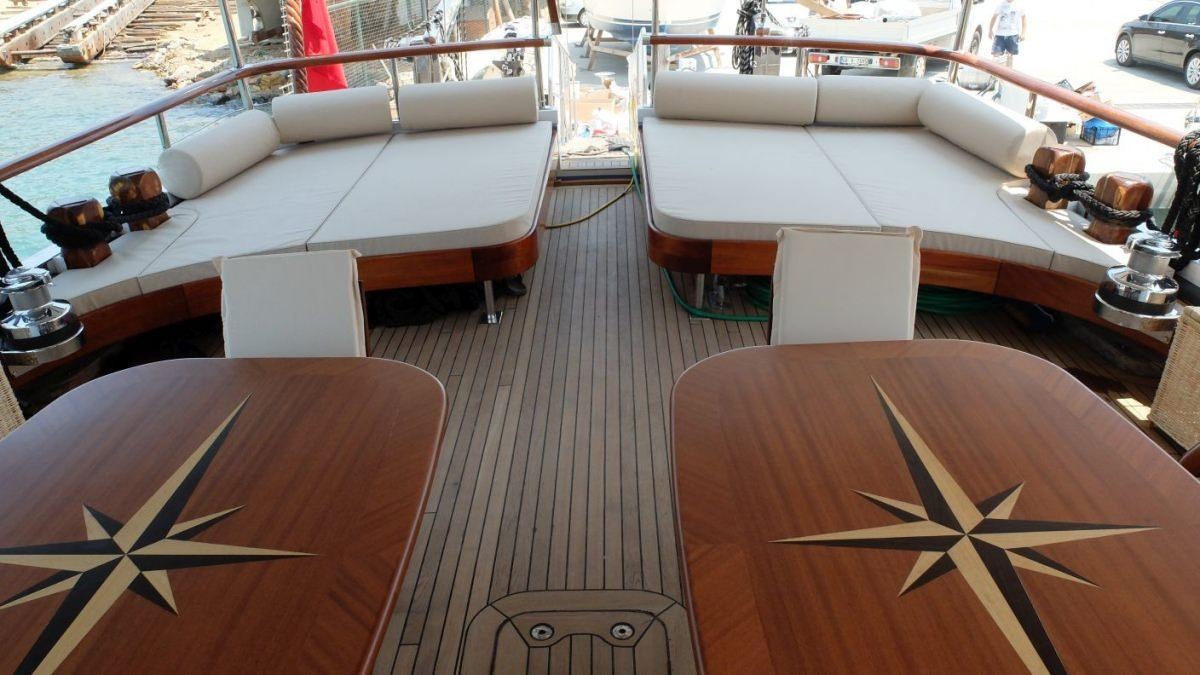 a room with a table and chairs aboard OGUZBEY Yacht for Charter