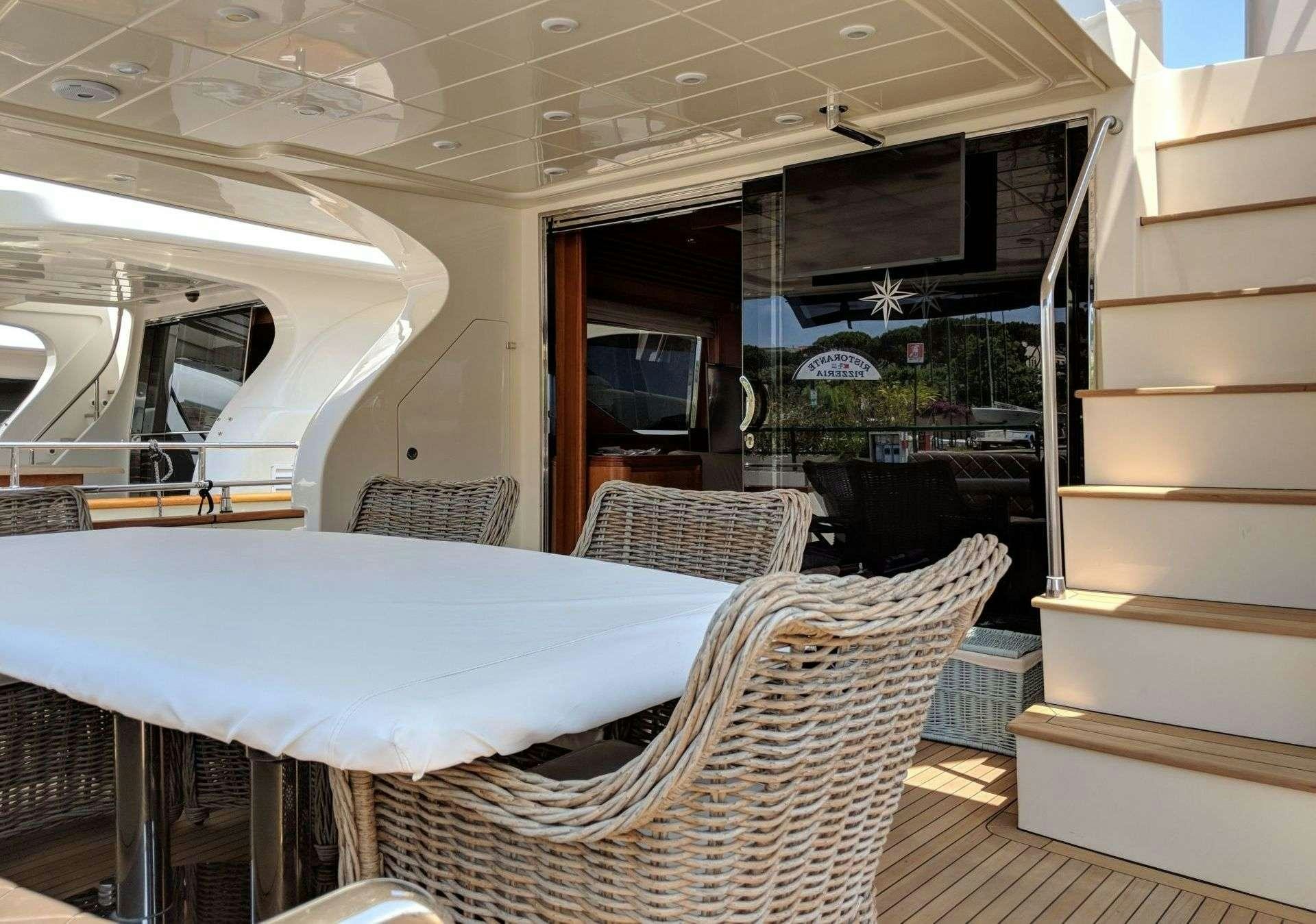 a room with a table and chairs aboard ARMA VII Yacht for Charter