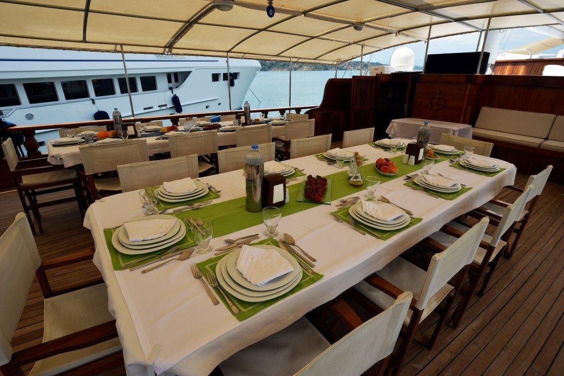 a table set for a dinner aboard HOLIDAY X Yacht for Charter