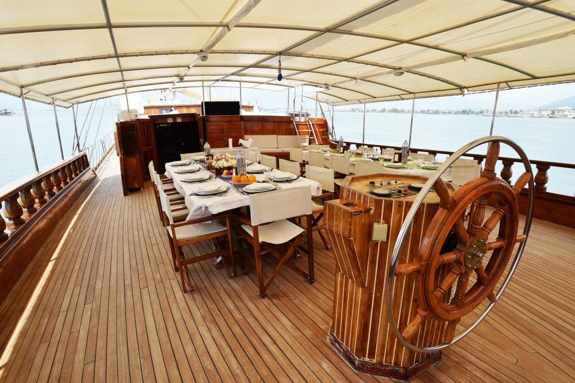 a wooden boat on a deck aboard HOLIDAY X Yacht for Charter