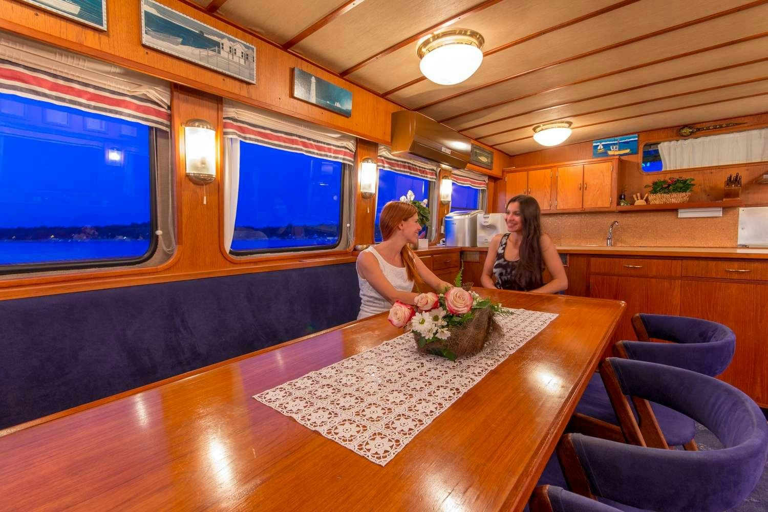 a couple of women sitting at a table in a train aboard Play Fellow Yacht for Charter