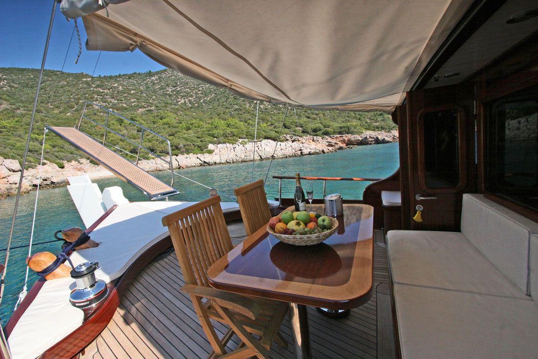 a table with a bowl of fruit on it aboard HAYAL 62 Yacht for Charter