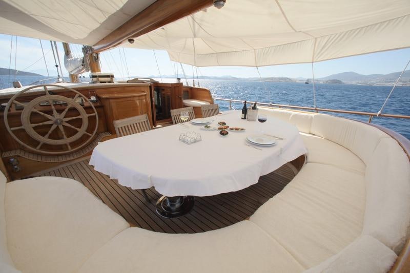 a large white table with a white tablecloth on it aboard EYLUL DENIZ II Yacht for Charter