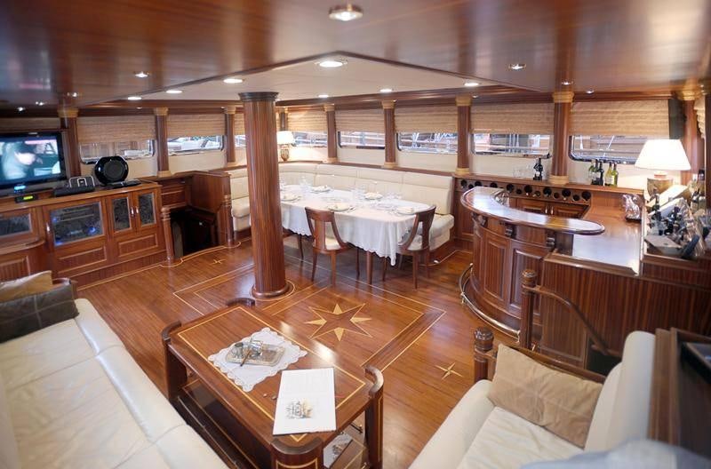 a large room with wood floors and a large television aboard MARE NOSTRUM Yacht for Charter