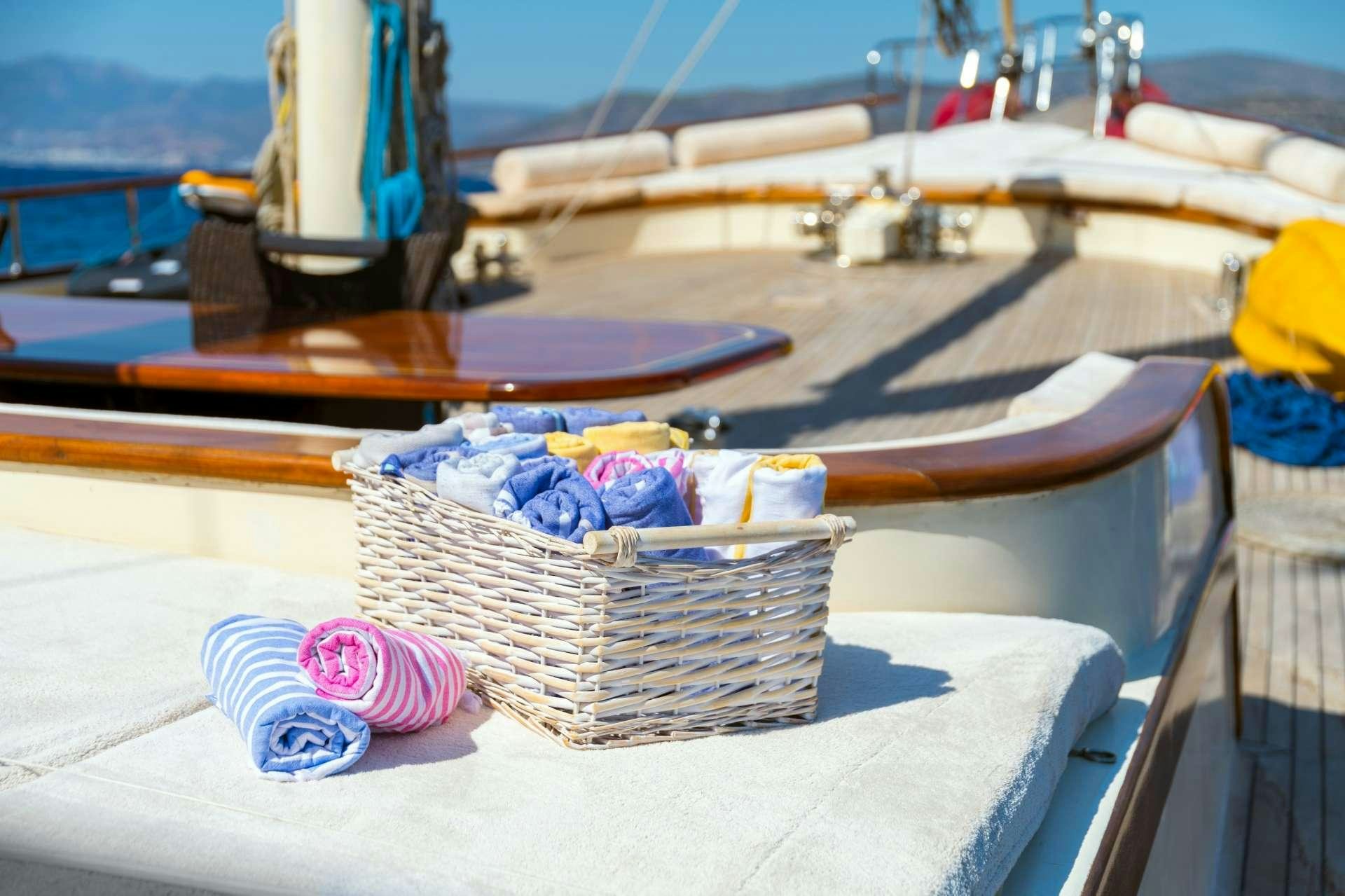 a basket of food on a boat aboard MEIRA Yacht for Charter