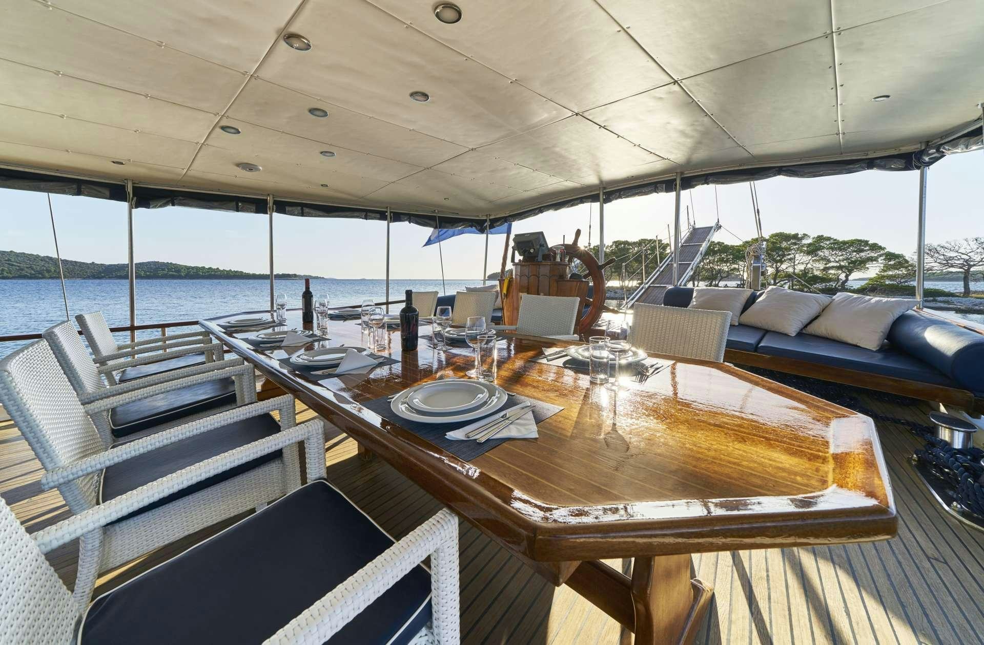 a table with plates and glasses on it aboard PERLA Yacht for Charter